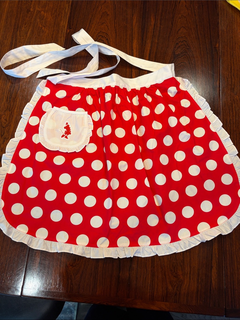 Red Polka Dot Half Apron with White Ruffle Trim Minnie Mouse. DISNEY